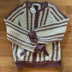 FP Beach Open Knit Sweater in Cream and Brown NWT